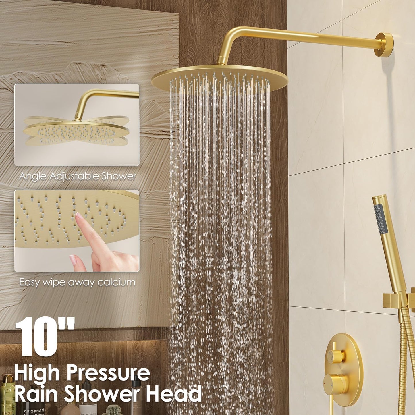Brushed Gold Shower System with Rough-In Valve, 10 Inch Wall Mounted High Pressure Rainfall Shower Head with Handheld Combo, Luxury All Metal Bathroom Shower Faucet Fixtures Complete Set