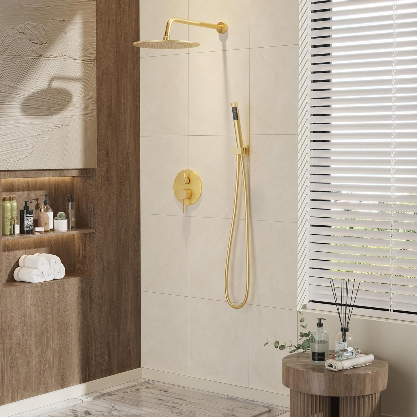 Brushed Gold Shower System with Rough-In Valve, 10 Inch Wall Mounted High Pressure Rainfall Shower Head with Handheld Combo, Luxury All Metal Bathroom Shower Faucet Fixtures Complete Set