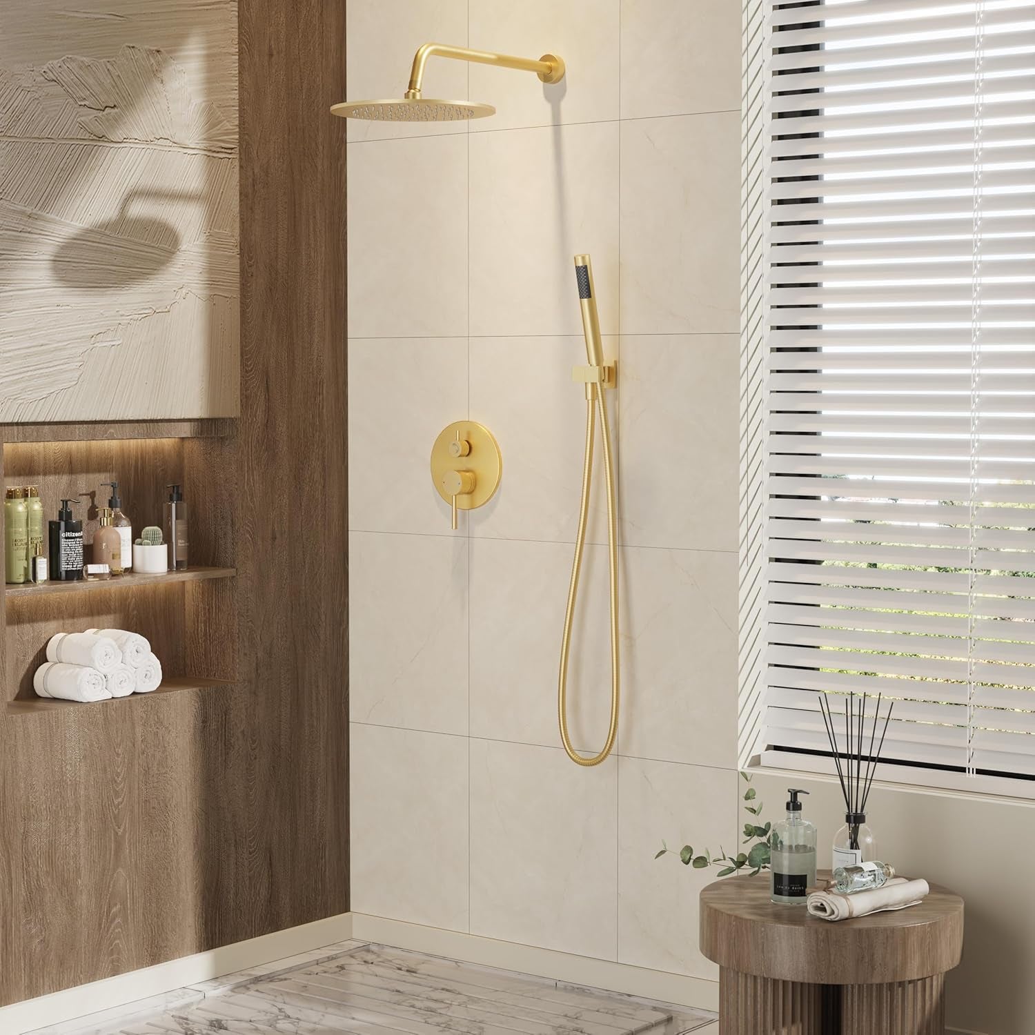 Brushed Gold Shower System with Rough-In Valve, 10 Inch Wall Mounted High Pressure Rainfall Shower Head with Handheld Combo, Luxury All Metal Bathroom Shower Faucet Fixtures Complete Set