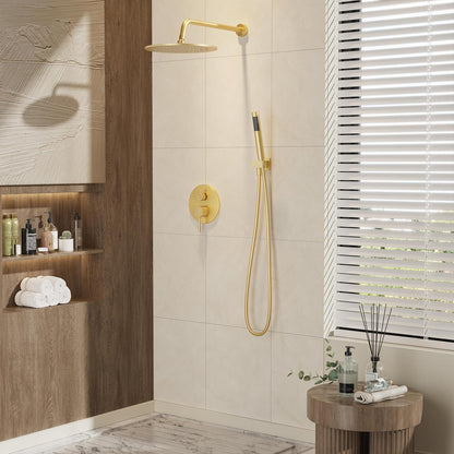 Brushed Gold Shower System with Rough-In Valve, 10 Inch Wall Mounted High Pressure Rainfall Shower Head with Handheld Combo, Luxury All Metal Bathroom Shower Faucet Fixtures Complete Set