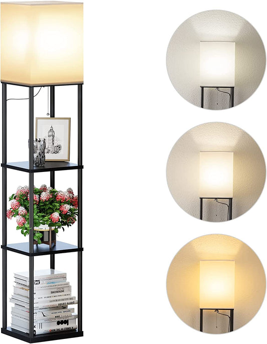 Modern Square Floor Lamp with Shelves and Adjustable Color Temperature Bulb, Corner Display Bookshelf Lamp for Living Room and Bedroom (Black)