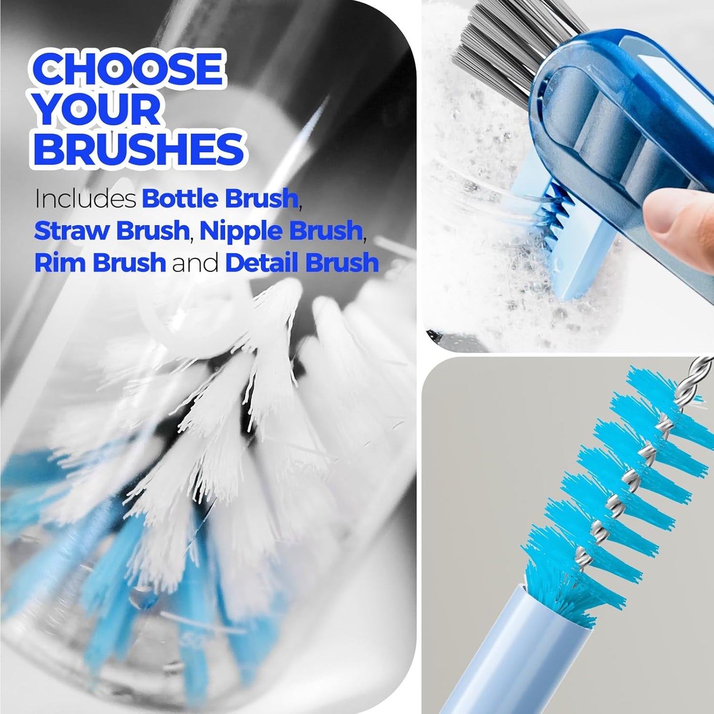 6 Pack Brush Set, 14" Long Handle Stainless Steel Cleaner, 3 Straw Brushes, 4-In-1 Cleaning Brush for Water and Baby Bottles Straws, Aqua