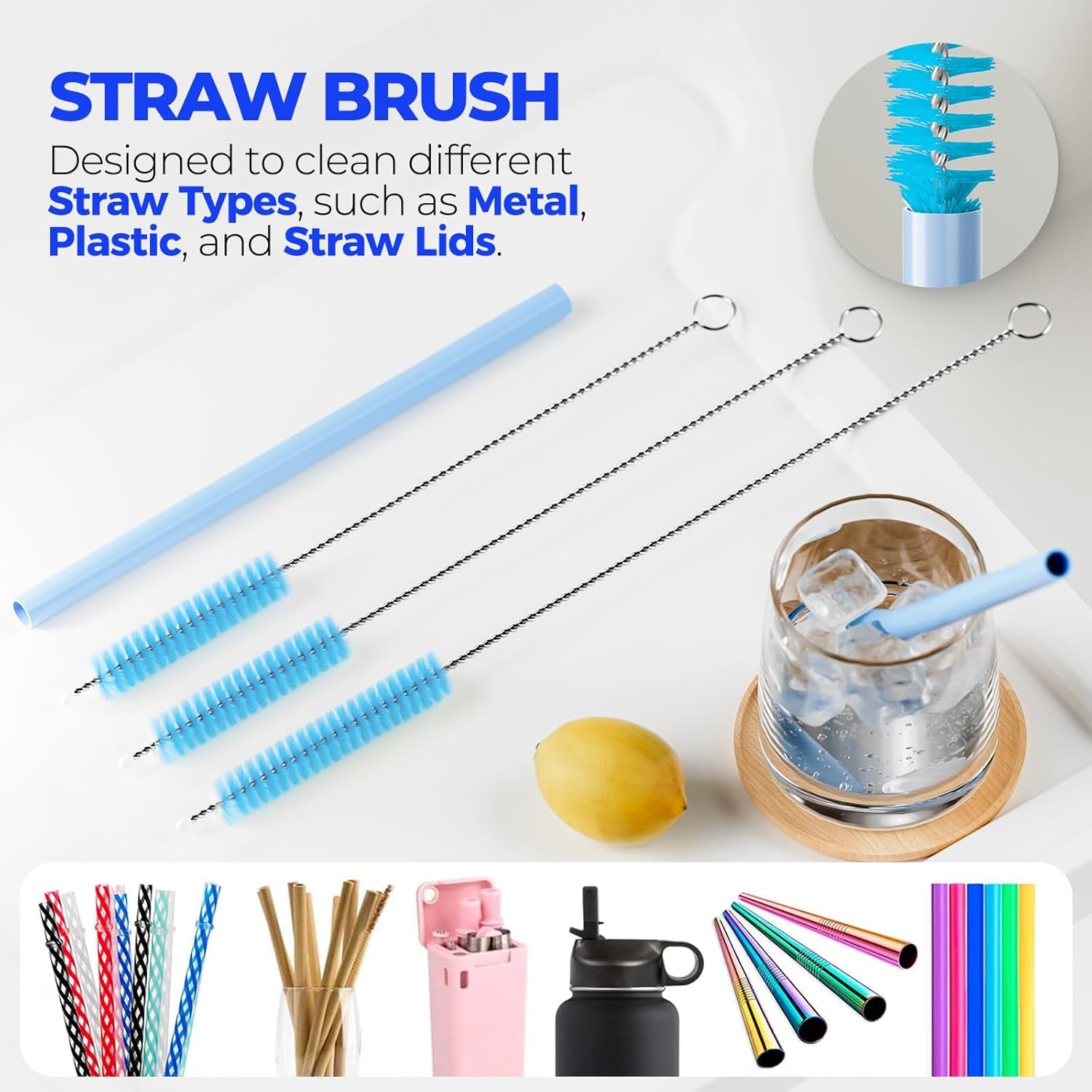 6 Pack Brush Set, 14" Long Handle Stainless Steel Cleaner, 3 Straw Brushes, 4-In-1 Cleaning Brush for Water and Baby Bottles Straws, Aqua