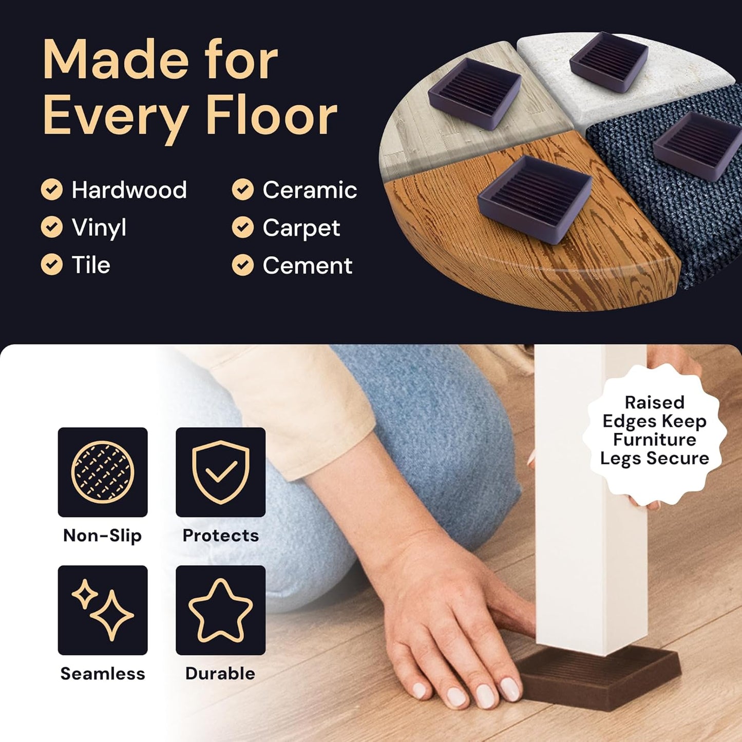 Non-Slip Rubber Furniture Pads - 3" x 3" Set of 4 - Brown Floor Protectors for Hardwood Surfaces and Chairs - Durable Grippers and Rubber Feet