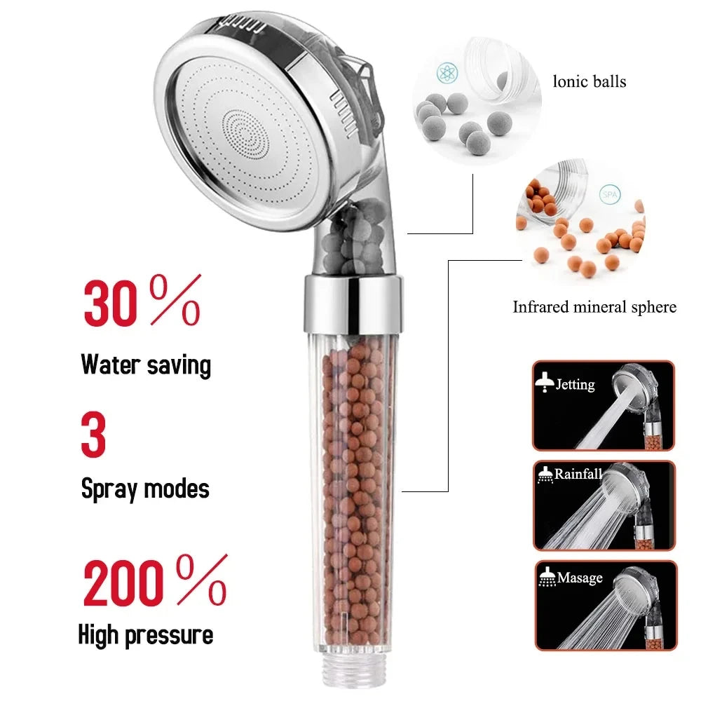 3-Function High-Pressure Handheld Shower Head with Anion Filter - Water-Saving Rainfall Bathroom Accessory