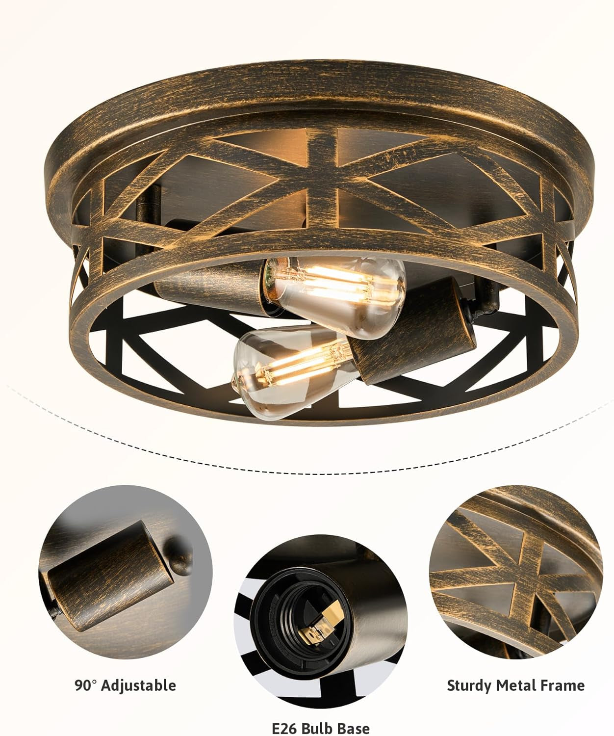 Flush Mount Ceiling Lights - 2-Light Hallway Lighting Fixtures, 11-Inch Farmhouse Metal Cage Design for Entryway and Kitchen, Adjustable Lamp Holders, ETL Certified, Set of 2, Oil-Rubbed Bronze Finish