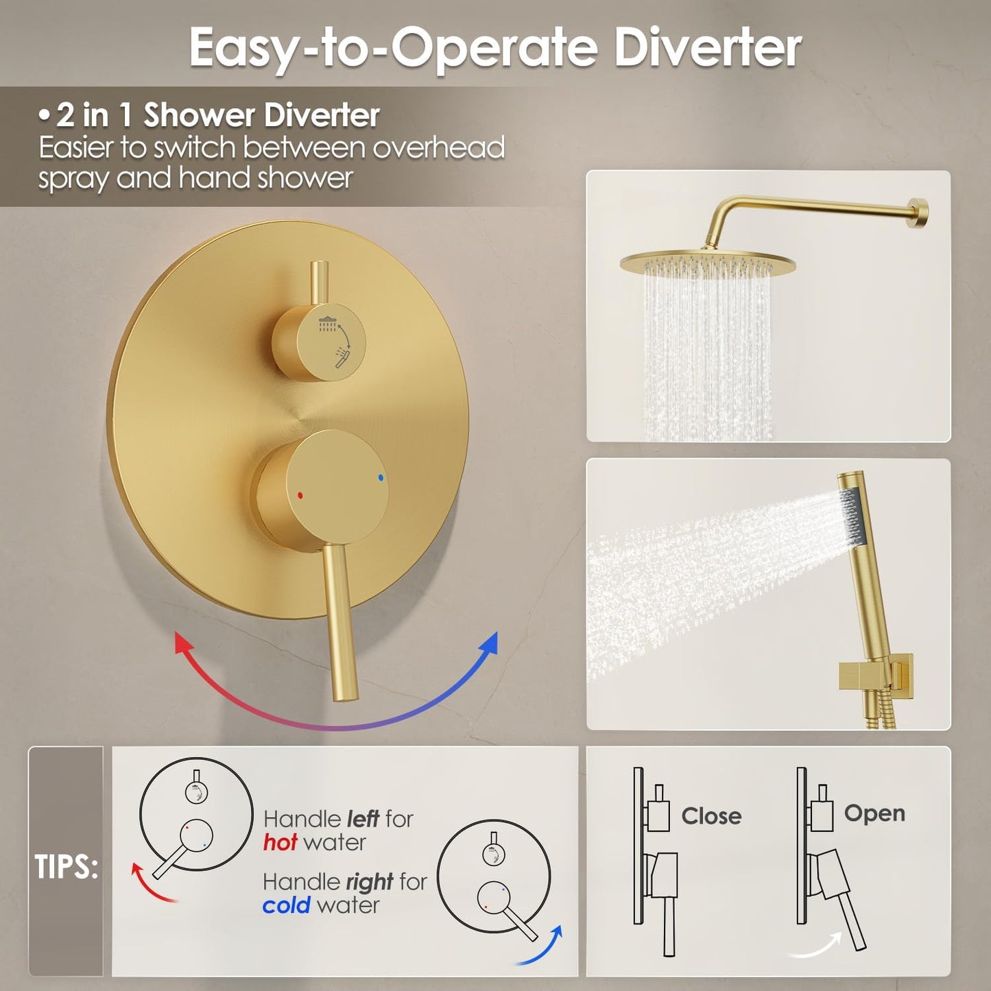 Brushed Gold Shower System with Rough-In Valve, 10 Inch Wall Mounted High Pressure Rainfall Shower Head with Handheld Combo, Luxury All Metal Bathroom Shower Faucet Fixtures Complete Set