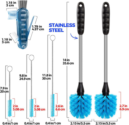 6 Pack Brush Set, 14" Long Handle Stainless Steel Cleaner, 3 Straw Brushes, 4-In-1 Cleaning Brush for Water and Baby Bottles Straws, Aqua
