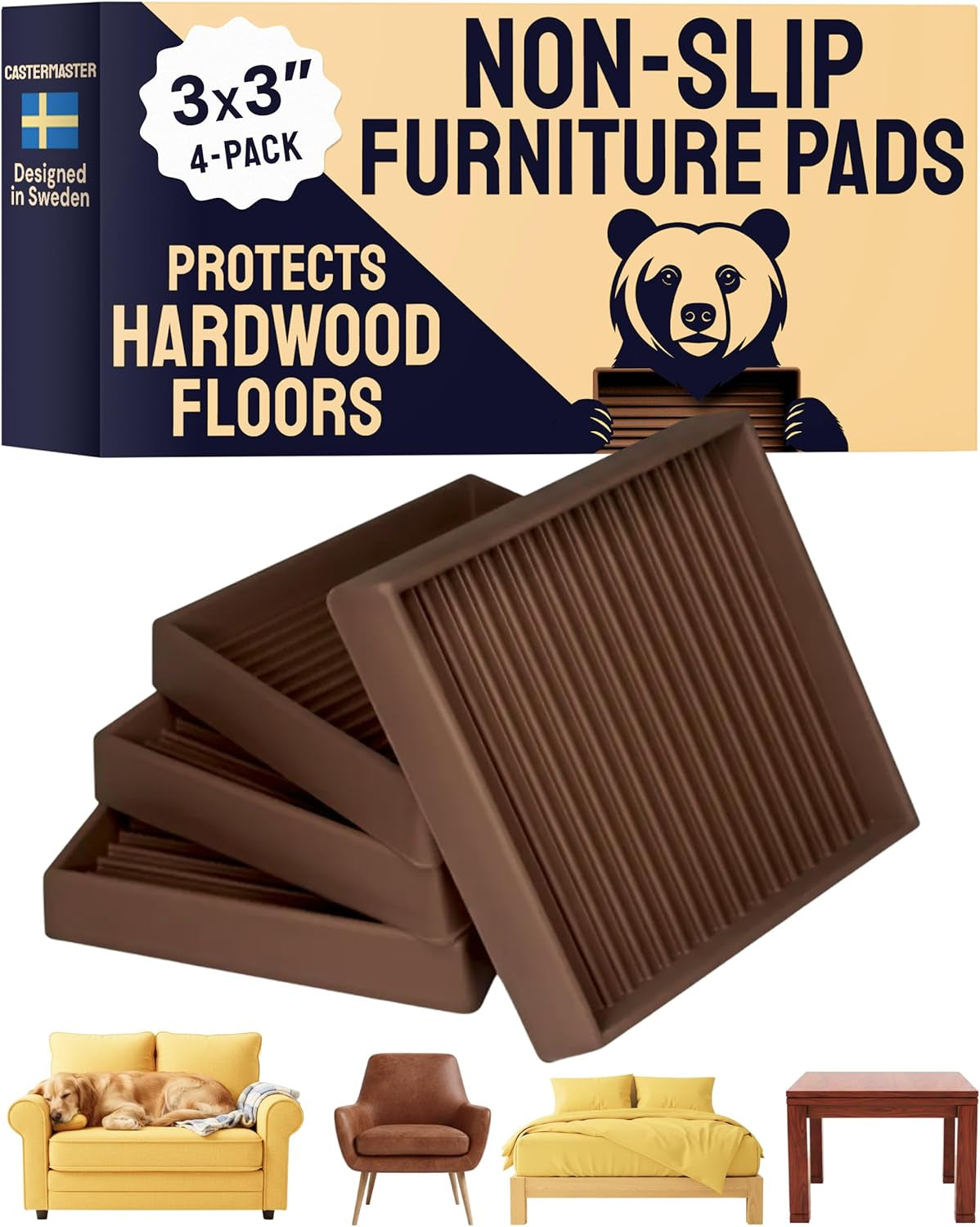 Non-Slip Rubber Furniture Pads - 3" x 3" Set of 4 - Brown Floor Protectors for Hardwood Surfaces and Chairs - Durable Grippers and Rubber Feet