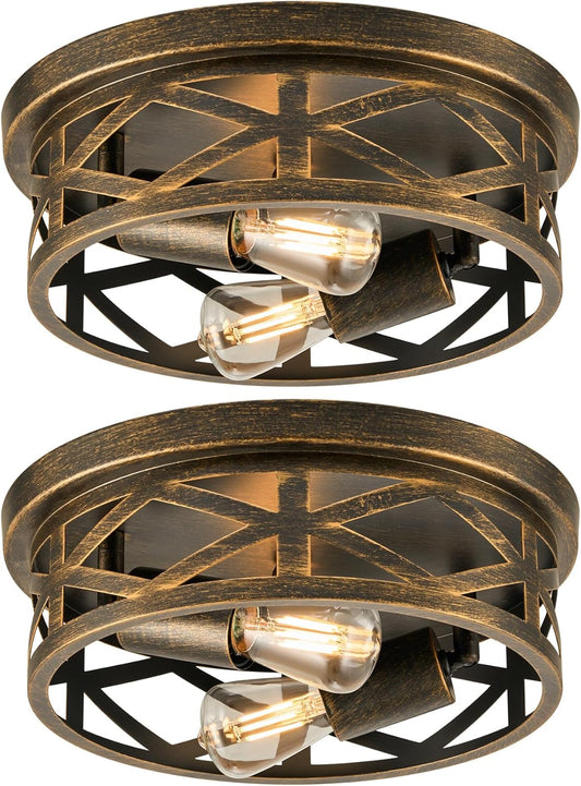 Flush Mount Ceiling Lights - 2-Light Hallway Lighting Fixtures, 11-Inch Farmhouse Metal Cage Design for Entryway and Kitchen, Adjustable Lamp Holders, ETL Certified, Set of 2, Oil-Rubbed Bronze Finish