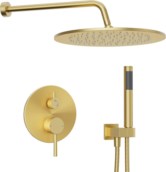 Brushed Gold Shower System with Rough-In Valve, 10 Inch Wall Mounted High Pressure Rainfall Shower Head with Handheld Combo, Luxury All Metal Bathroom Shower Faucet Fixtures Complete Set