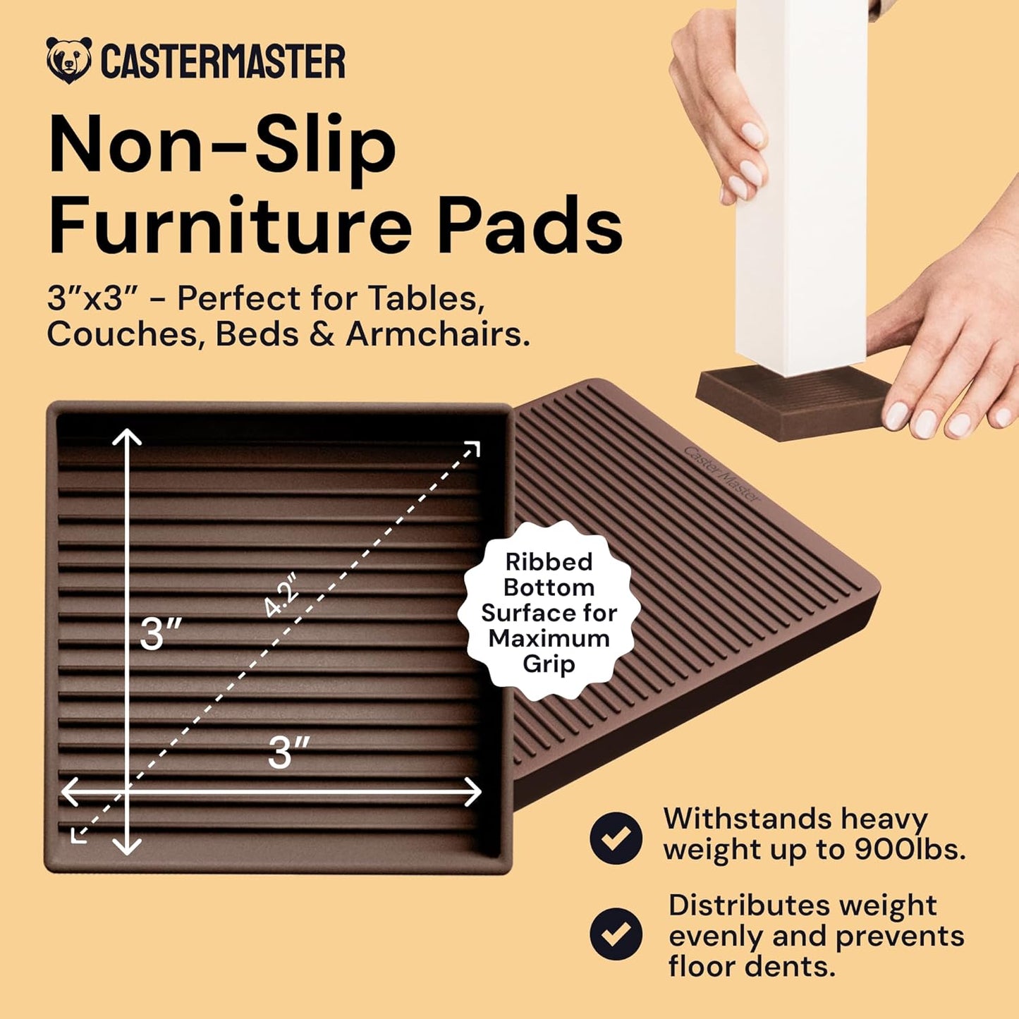 Non-Slip Rubber Furniture Pads - 3" x 3" Set of 4 - Brown Floor Protectors for Hardwood Surfaces and Chairs - Durable Grippers and Rubber Feet