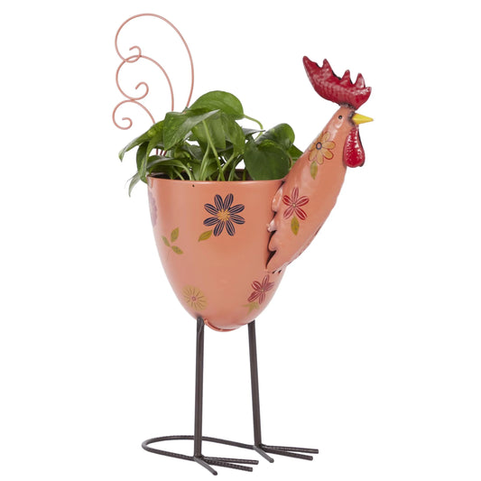 Pink Metal Pig Indoor Outdoor Planter with Floral Accents, 8" X 14" X 16"