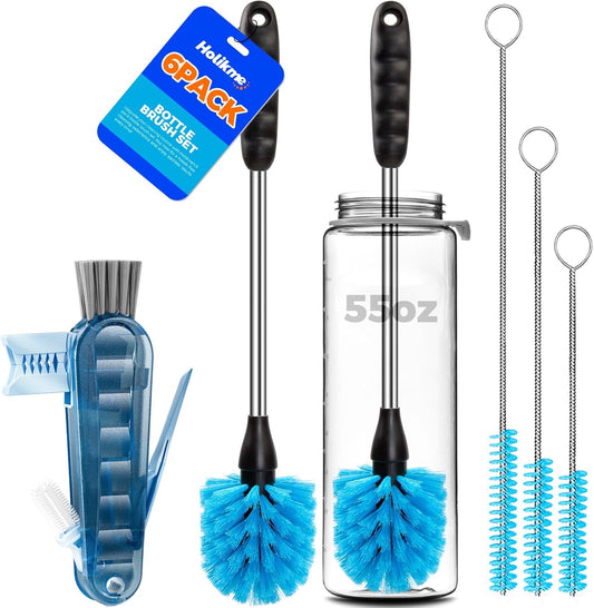 6 Pack Brush Set, 14" Long Handle Stainless Steel Cleaner, 3 Straw Brushes, 4-In-1 Cleaning Brush for Water and Baby Bottles Straws, Aqua