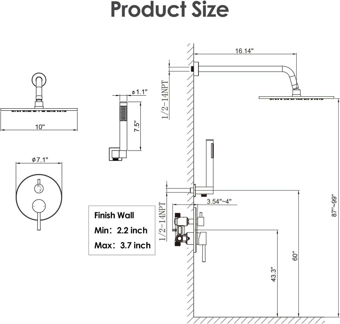 Brushed Gold Shower System with Rough-In Valve, 10 Inch Wall Mounted High Pressure Rainfall Shower Head with Handheld Combo, Luxury All Metal Bathroom Shower Faucet Fixtures Complete Set