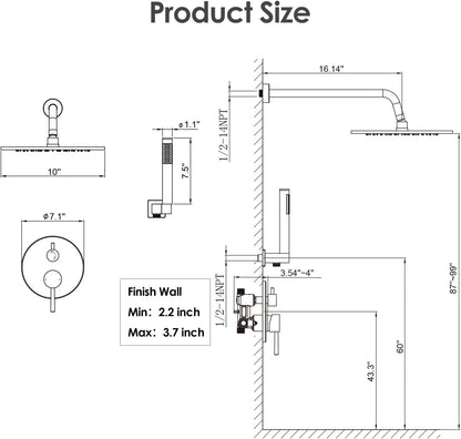 Brushed Gold Shower System with Rough-In Valve, 10 Inch Wall Mounted High Pressure Rainfall Shower Head with Handheld Combo, Luxury All Metal Bathroom Shower Faucet Fixtures Complete Set