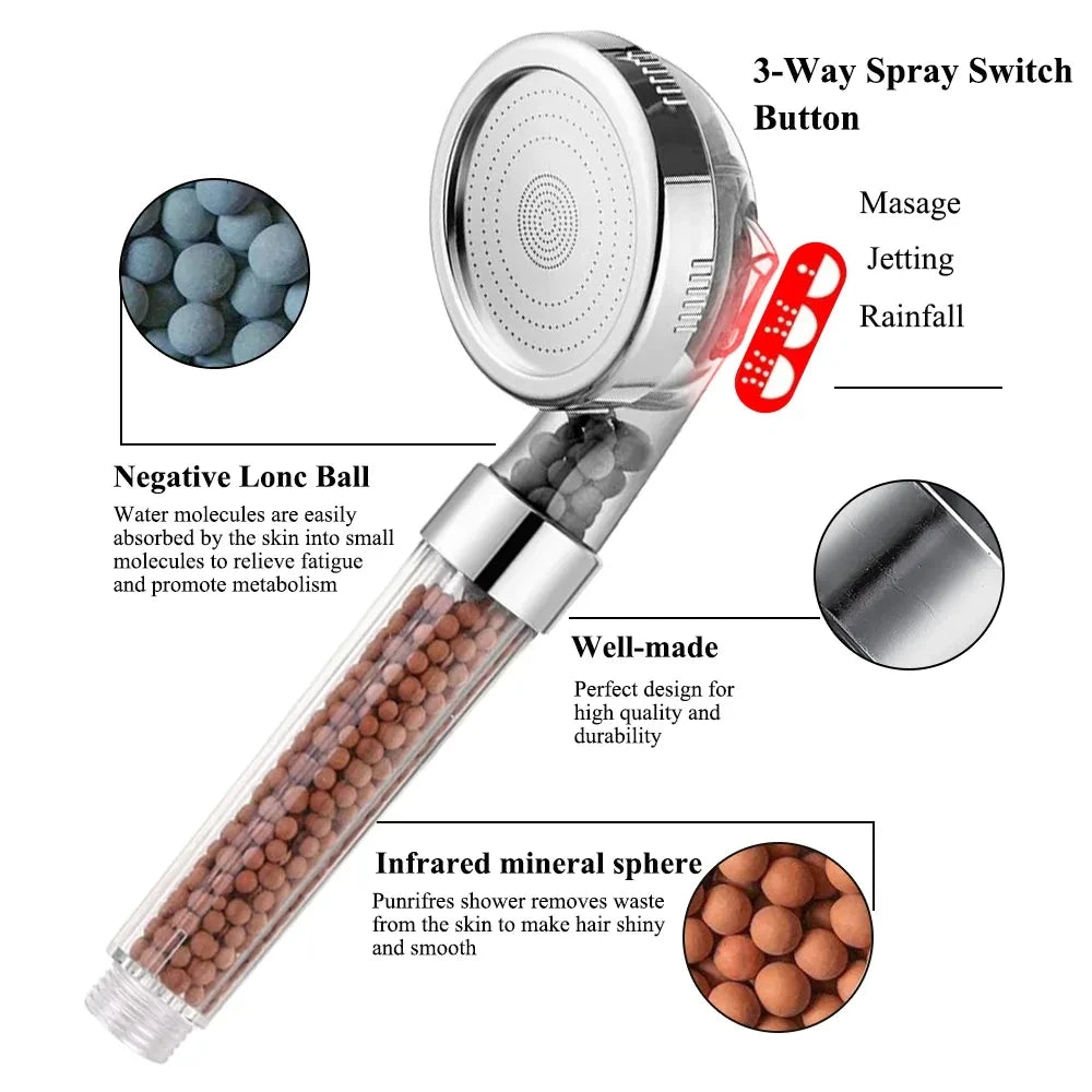 3-Function High-Pressure Handheld Shower Head with Anion Filter - Water-Saving Rainfall Bathroom Accessory