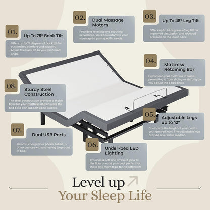 Sven & Son Classic Adjustable Bed Base, Head and Foot Lift, Massage, Under-Bed Lights, USB, Gel Memory, Zero Gravity Smart Frame - Queen + 10 Inch Memory Foam Matt (Firm)