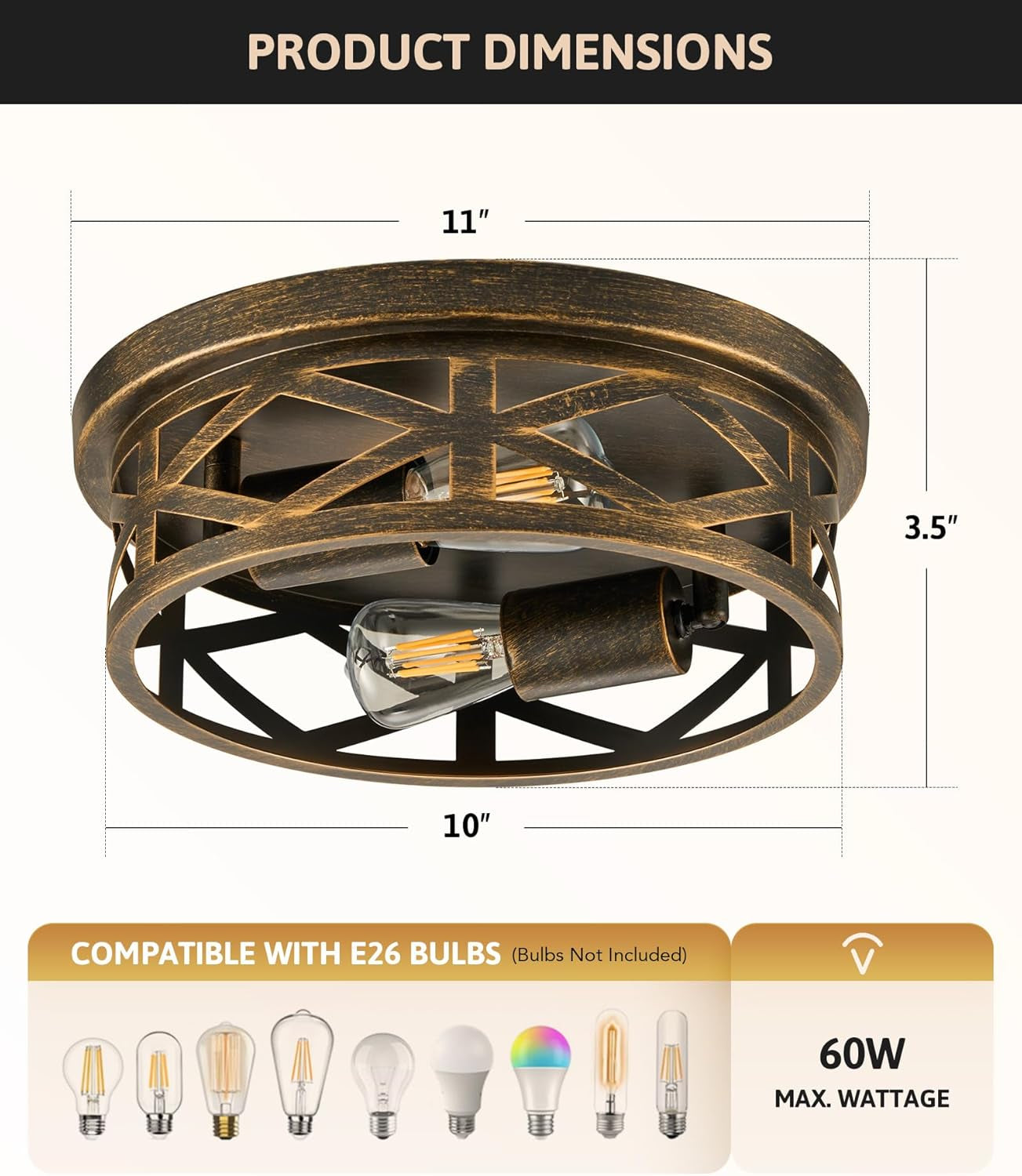 Flush Mount Ceiling Lights - 2-Light Hallway Lighting Fixtures, 11-Inch Farmhouse Metal Cage Design for Entryway and Kitchen, Adjustable Lamp Holders, ETL Certified, Set of 2, Oil-Rubbed Bronze Finish