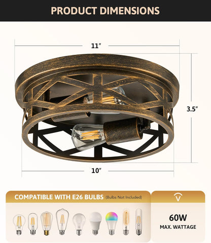 Flush Mount Ceiling Lights - 2-Light Hallway Lighting Fixtures, 11-Inch Farmhouse Metal Cage Design for Entryway and Kitchen, Adjustable Lamp Holders, ETL Certified, Set of 2, Oil-Rubbed Bronze Finish