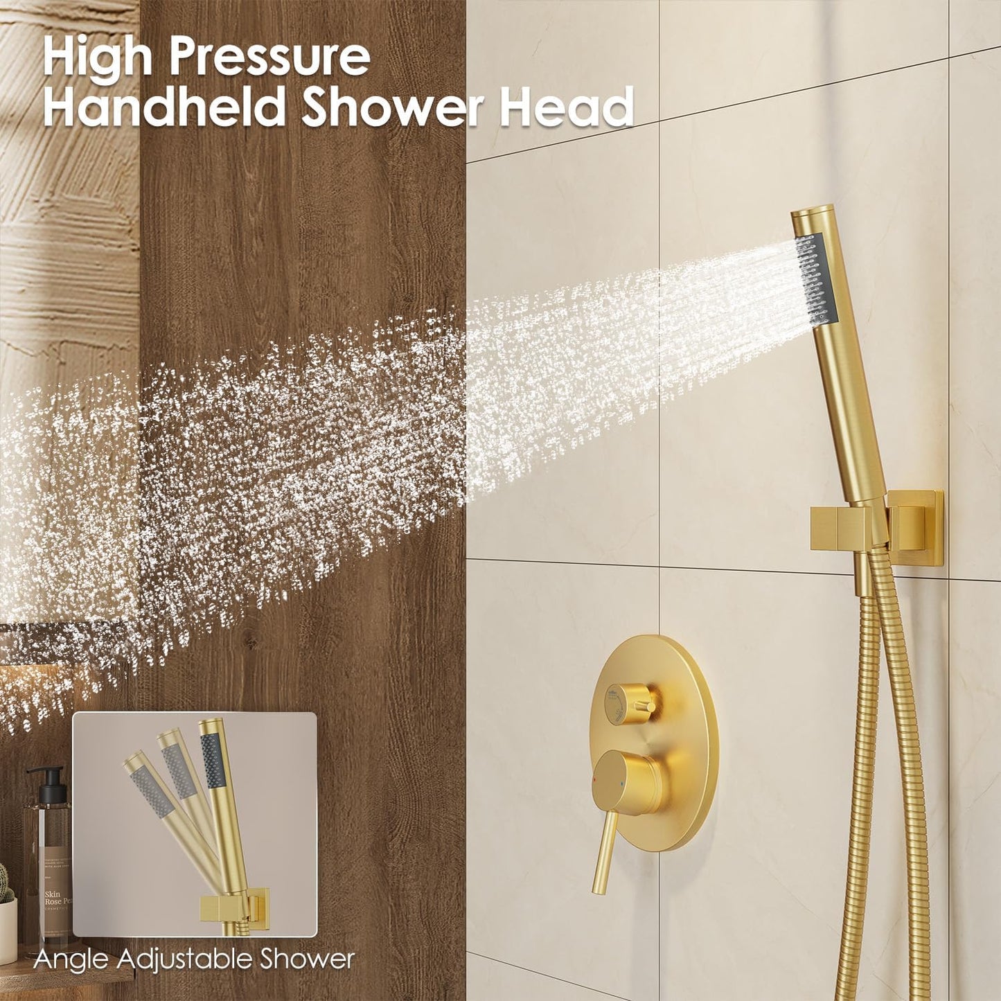 Brushed Gold Shower System with Rough-In Valve, 10 Inch Wall Mounted High Pressure Rainfall Shower Head with Handheld Combo, Luxury All Metal Bathroom Shower Faucet Fixtures Complete Set