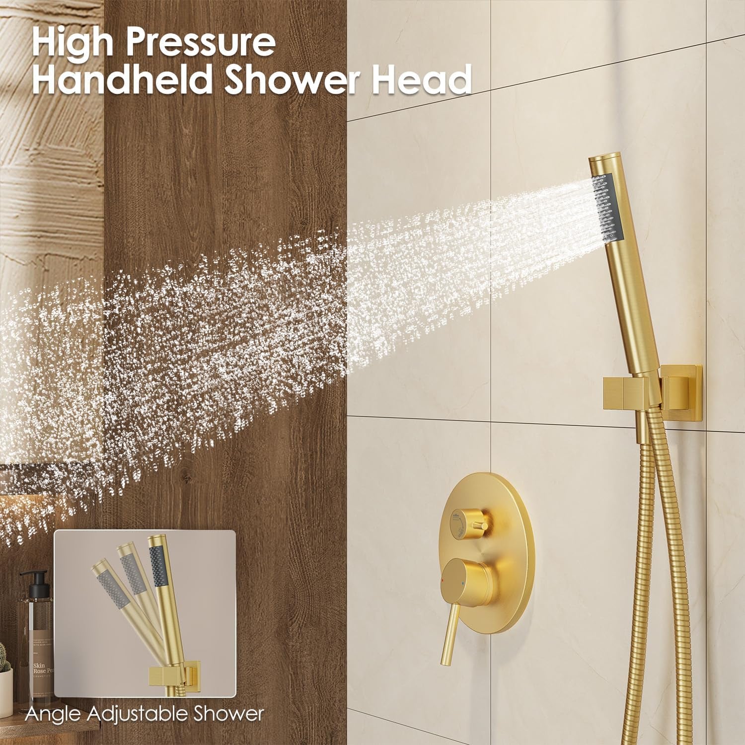Brushed Gold Shower System with Rough-In Valve, 10 Inch Wall Mounted High Pressure Rainfall Shower Head with Handheld Combo, Luxury All Metal Bathroom Shower Faucet Fixtures Complete Set