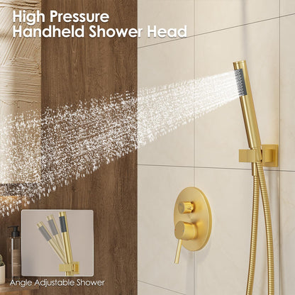 Brushed Gold Shower System with Rough-In Valve, 10 Inch Wall Mounted High Pressure Rainfall Shower Head with Handheld Combo, Luxury All Metal Bathroom Shower Faucet Fixtures Complete Set