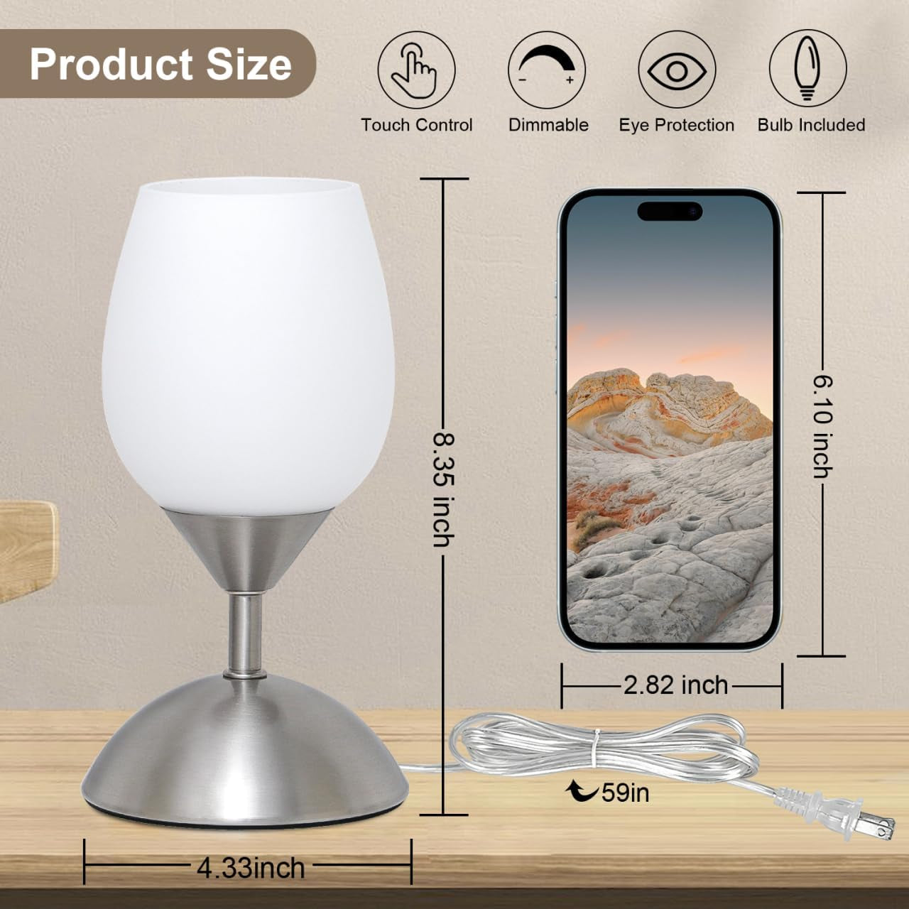 Small Touch Lamp for Bedroom Nightstand, 3-Way Dimmable Bedside Lamps Opal Glass Desk Lamp Silver Base, Tiny Table Lamp for Small Spaces Ambient Lighting for Living Room, E12 Bulb Included