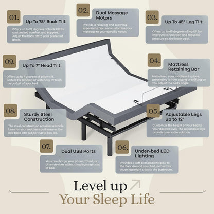 Sven & Son Harmony Adjustable Bed Base, Head and Foot Lift, Massage, Under-Bed Lights, USB, Memory, Zero Gravity Smart Frame - Queen