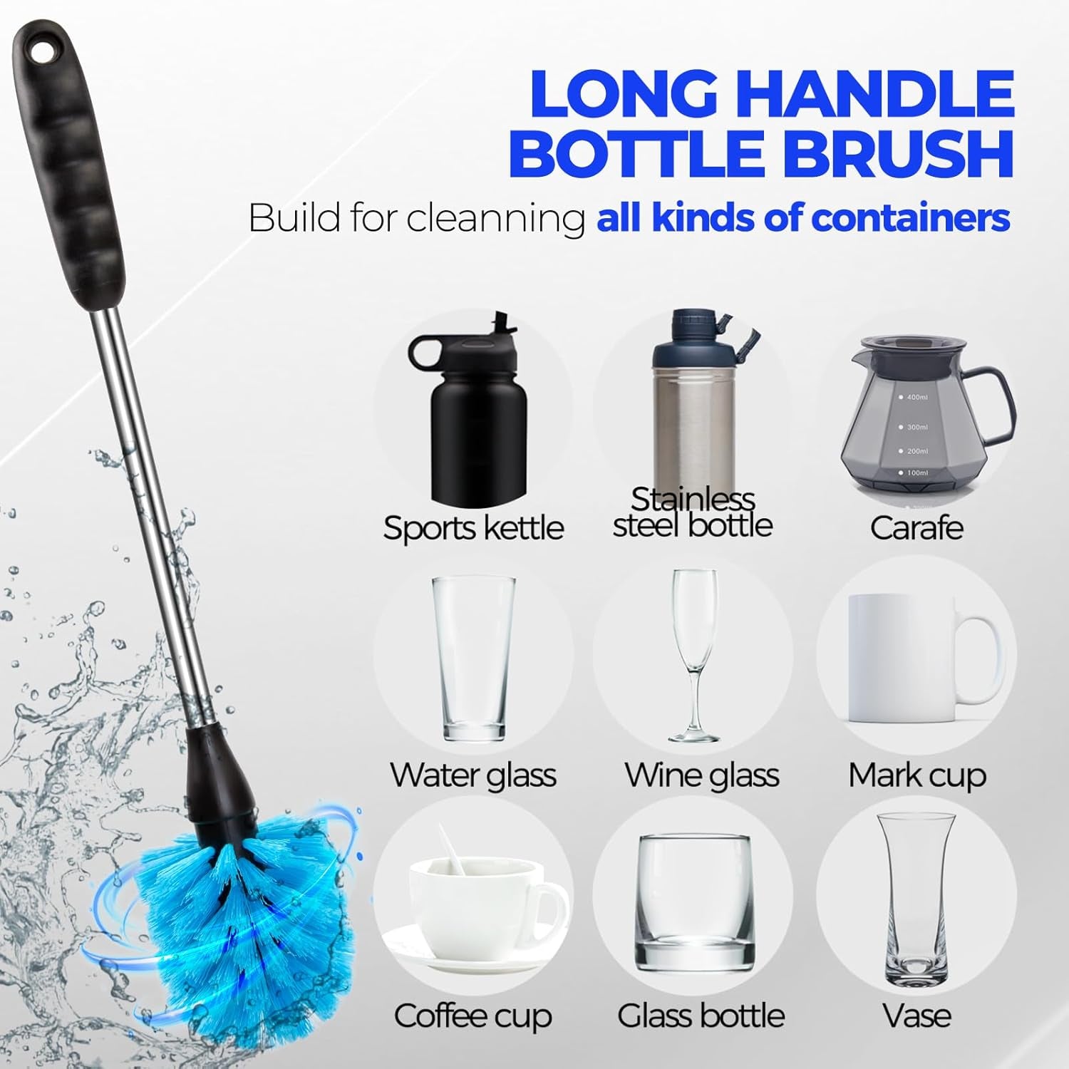 6 Pack Brush Set, 14" Long Handle Stainless Steel Cleaner, 3 Straw Brushes, 4-In-1 Cleaning Brush for Water and Baby Bottles Straws, Aqua