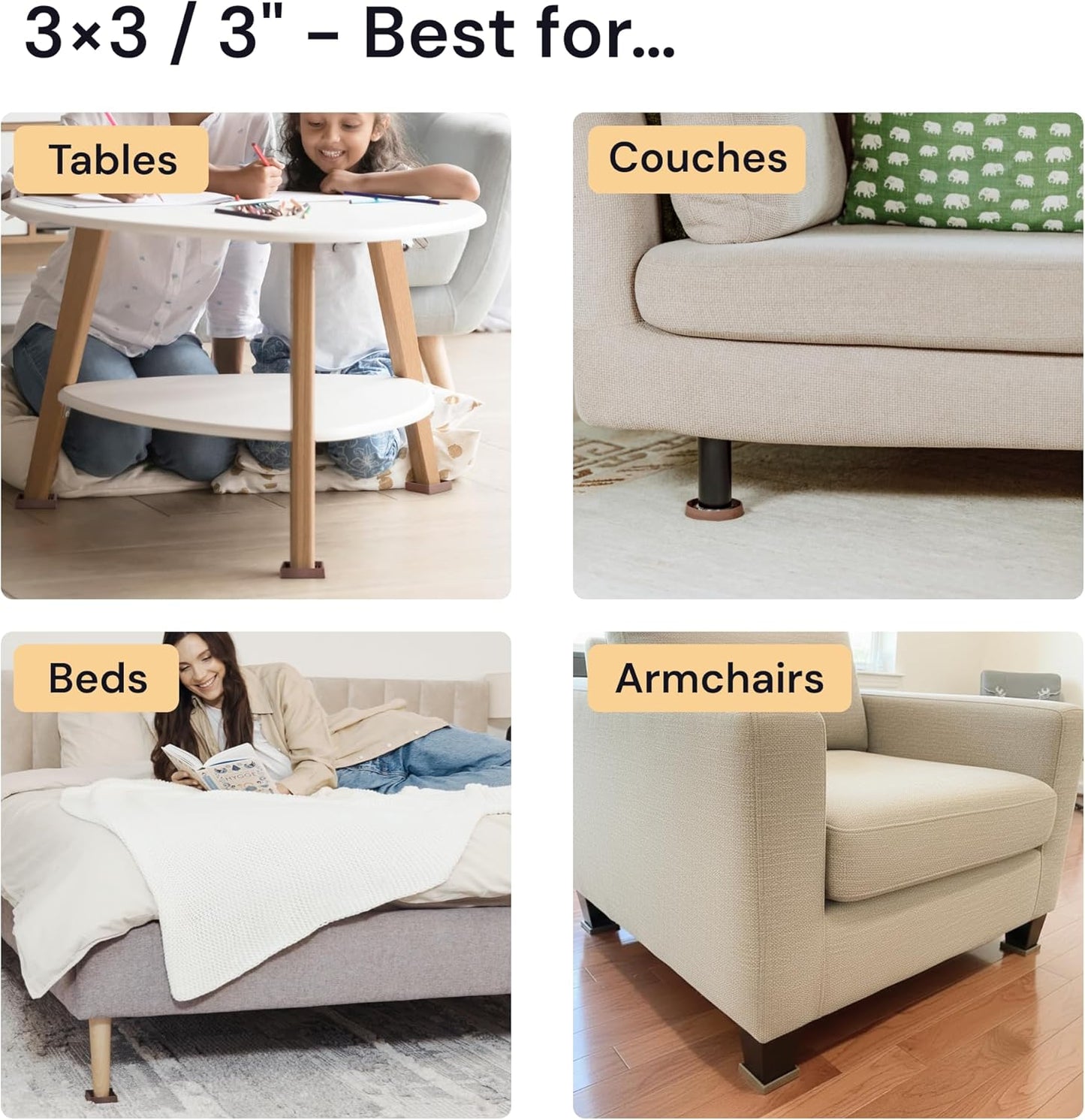 Non-Slip Rubber Furniture Pads - 3" x 3" Set of 4 - Brown Floor Protectors for Hardwood Surfaces and Chairs - Durable Grippers and Rubber Feet