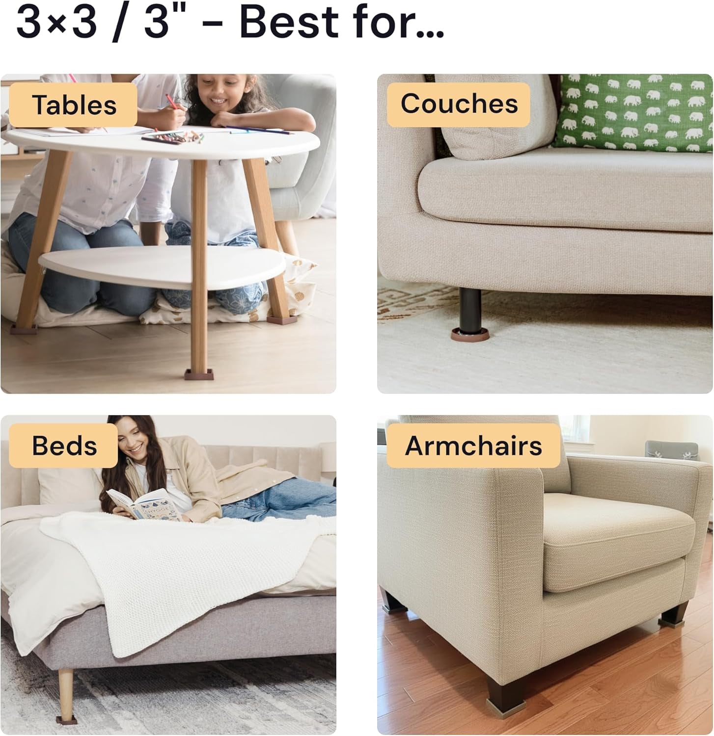 Non-Slip Rubber Furniture Pads - 3" x 3" Set of 4 - Brown Floor Protectors for Hardwood Surfaces and Chairs - Durable Grippers and Rubber Feet